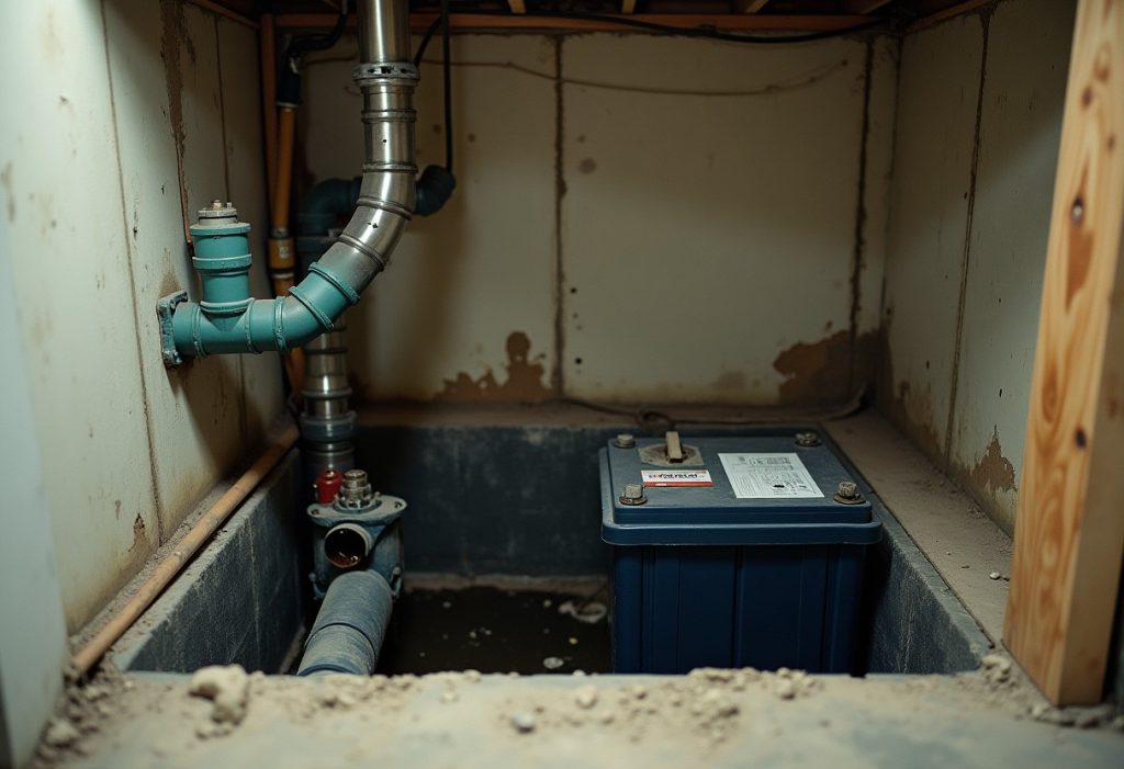 Sump pit with primary pump and battery backup pump mounted on wall beside it