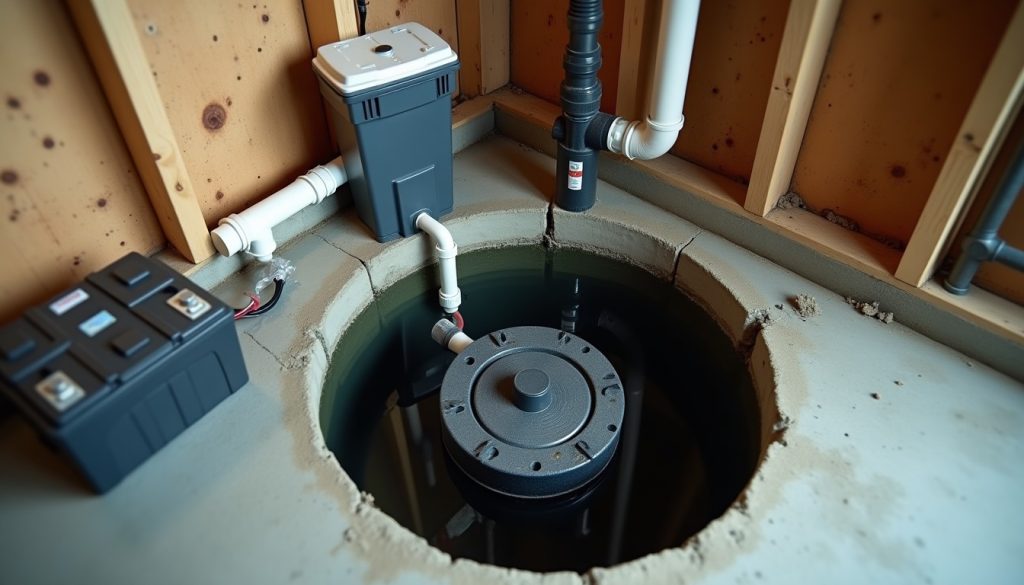 Basement sump pit with submerged primary pump, battery backup pump above, PVC pipes, and gloved hands wiring battery.