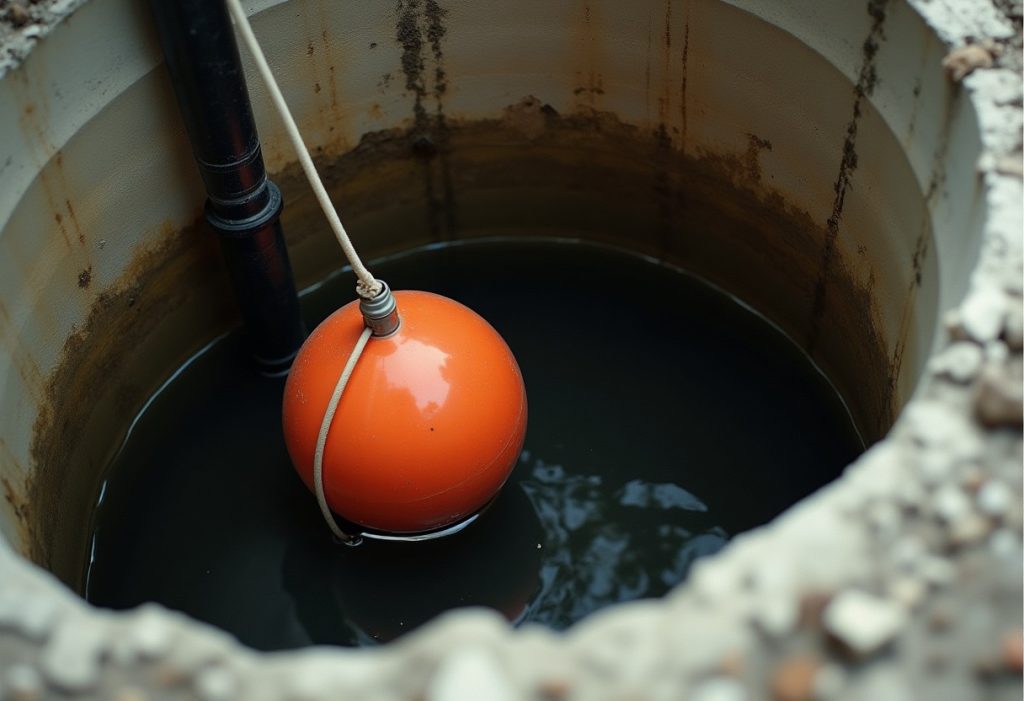 Tethered float switch jammed against sump pit wall and discharge pipe