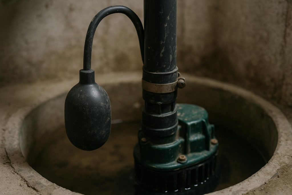 A tethered float switch on a sump pump in a pit