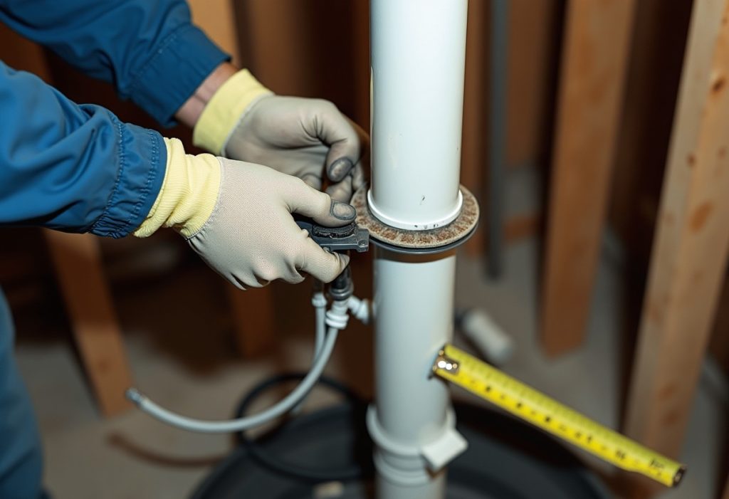 Hands adjusting float switch tether clip on sump pump pipe