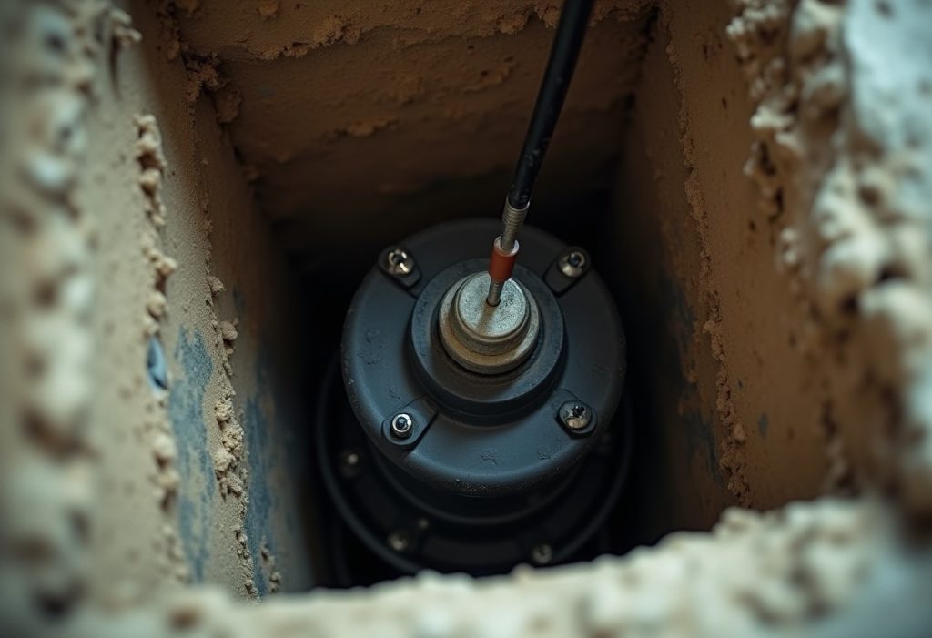 Vertical float switch mounted in a narrow sump pit
