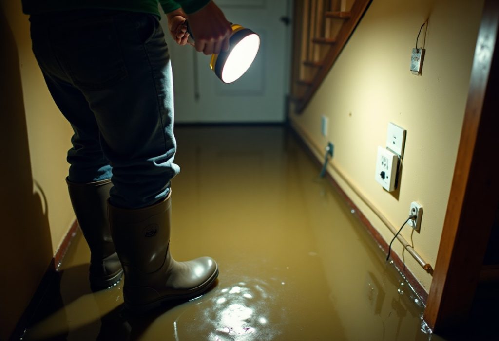 Person in rubber boots shining flashlight across flooded basement floor