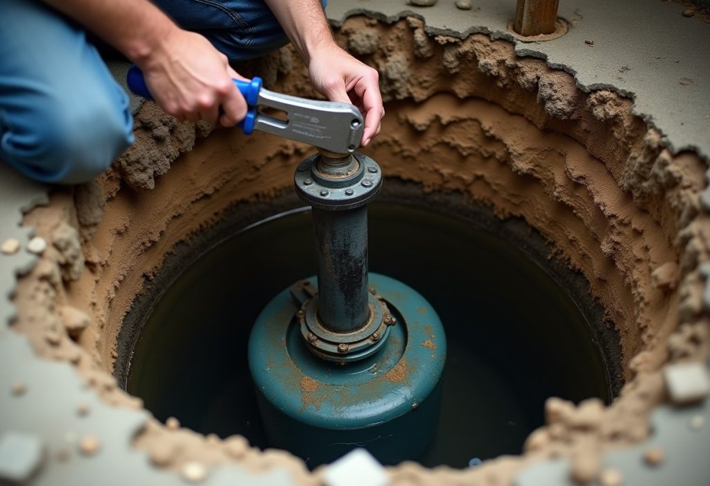 Plumber removing check valve from sump pump discharge pipe over open pit