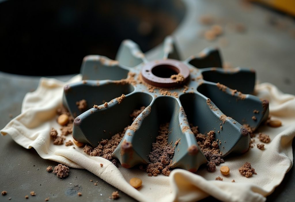 Sump pump impeller housing with debris caught in blades beside open pit