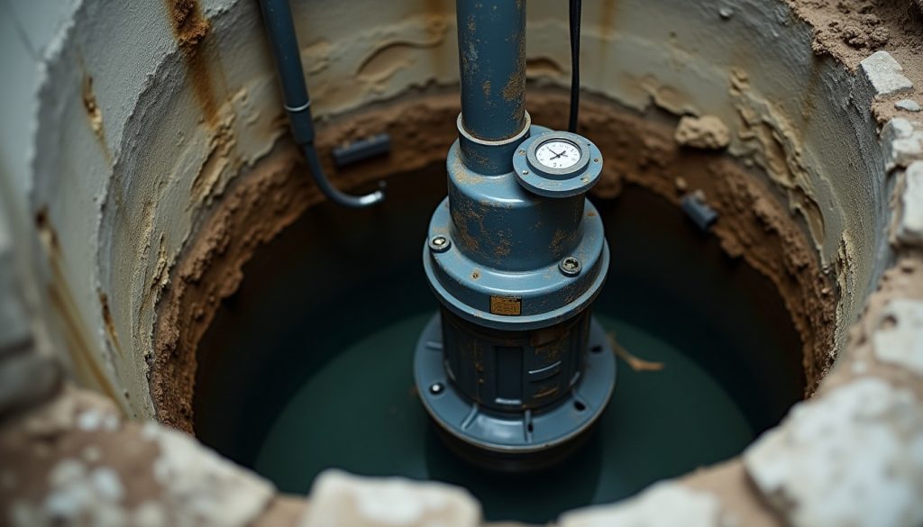 A basement sump pit with the lid removed showing a submersible sump pump sitting in standing water with its discharge pi