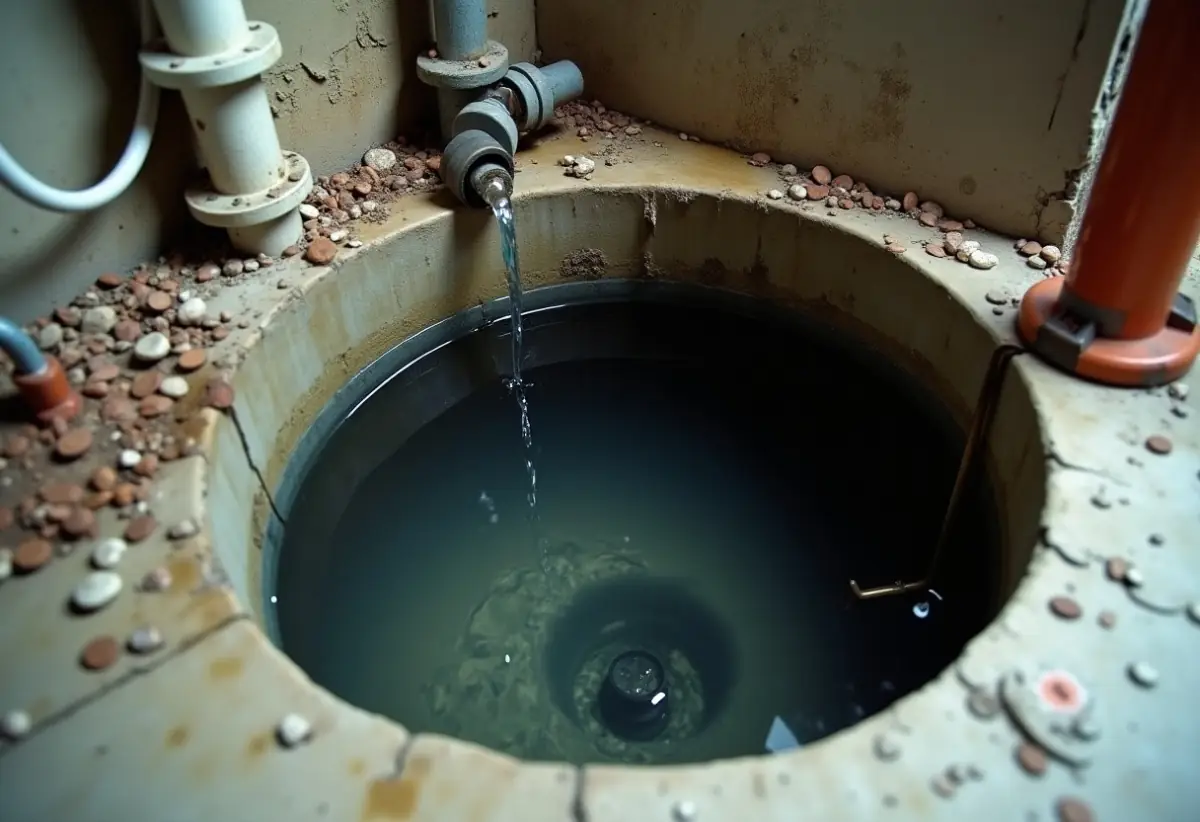 Sump pump basin filled with water in a concrete basement floor after heavy rain