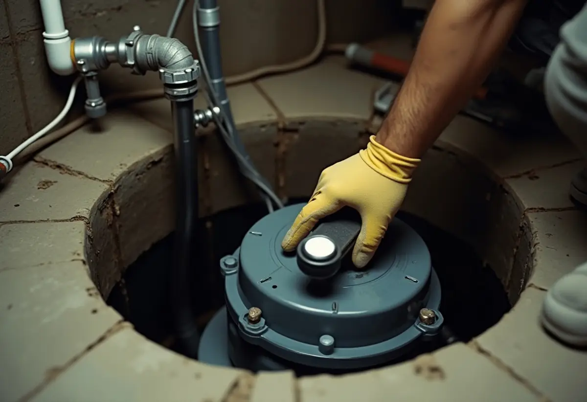 Gloved hand lifting a sump pump float switch inside an open basin