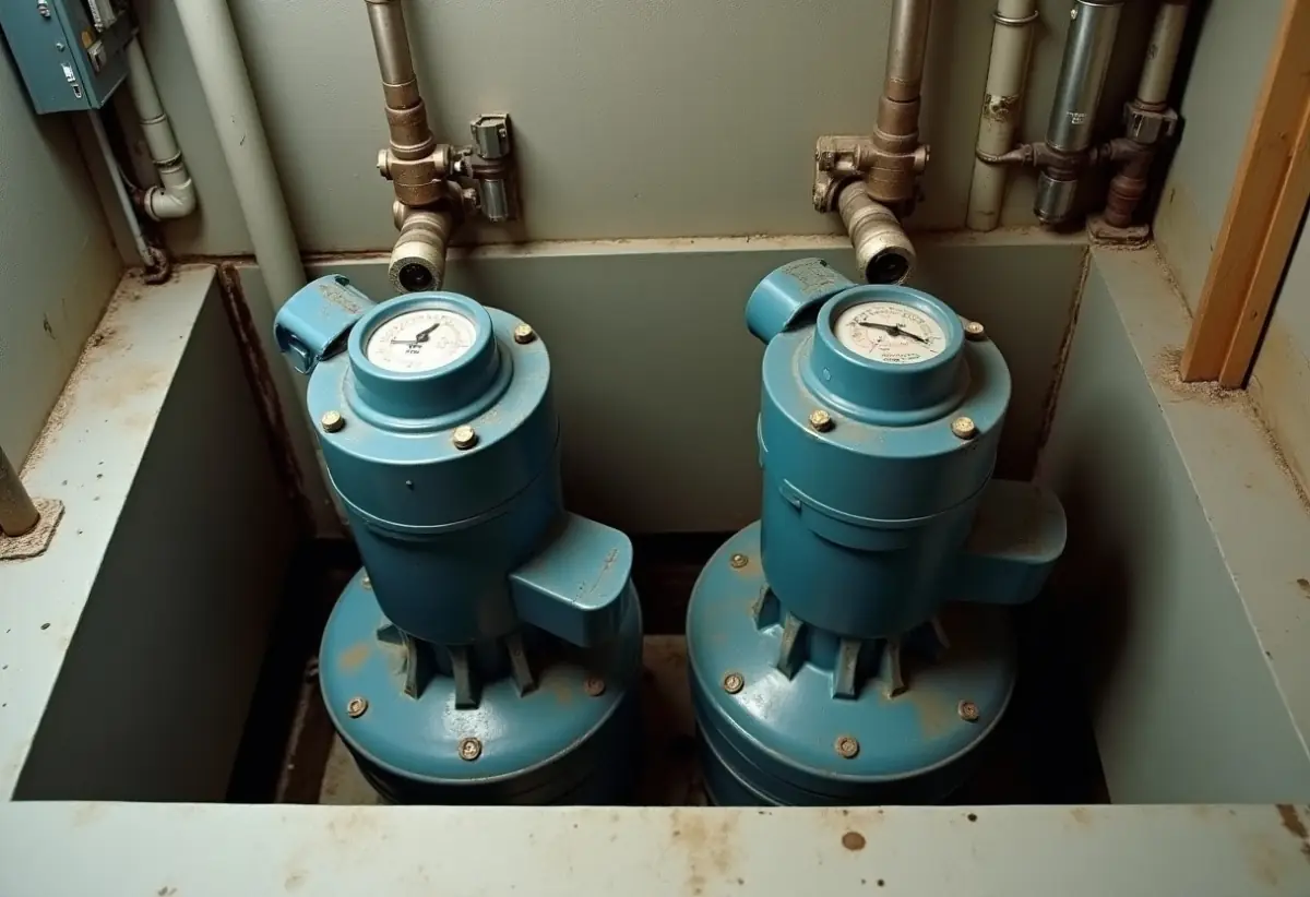 Two sump pumps in a basin with a battery backup unit mounted on the wall
