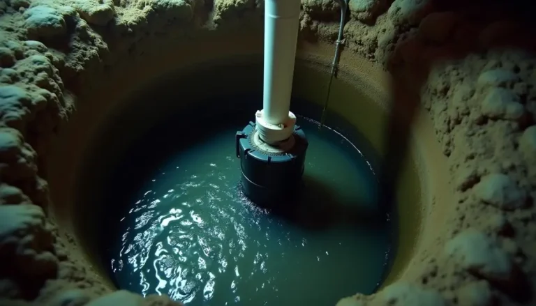 Looking down into a basement sump pit with water flowing in from a drain tile opening around a submersible pump and its