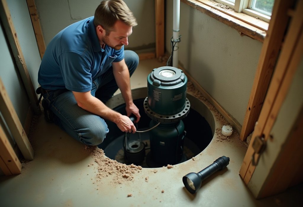 Plumber installing a battery backup sump pump beside the primary pump in a basement pit
