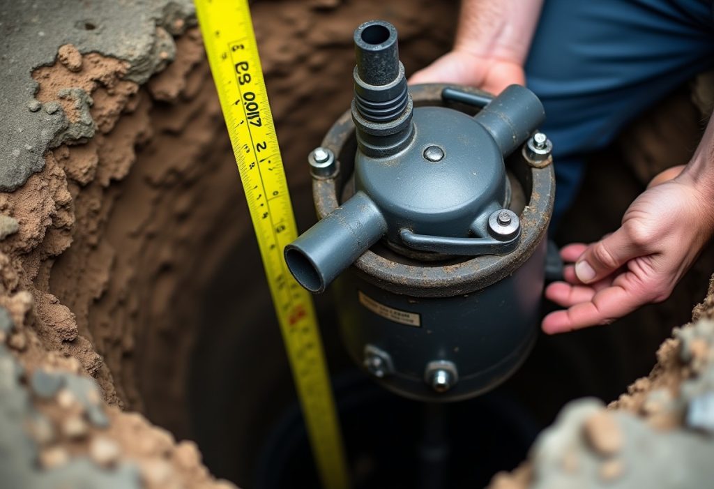 Hands measuring sump pit depth next to a pump housing and discharge pipe