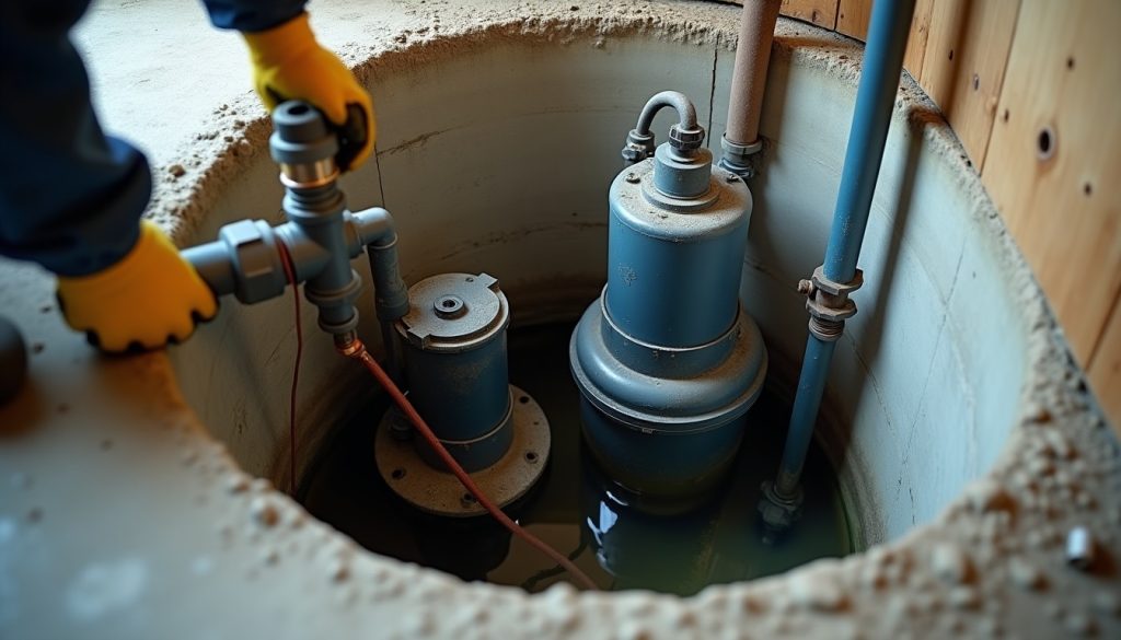 Submersible and pedestal sump pumps installed in concrete pit, gloved hands adjusting pipe clamp.