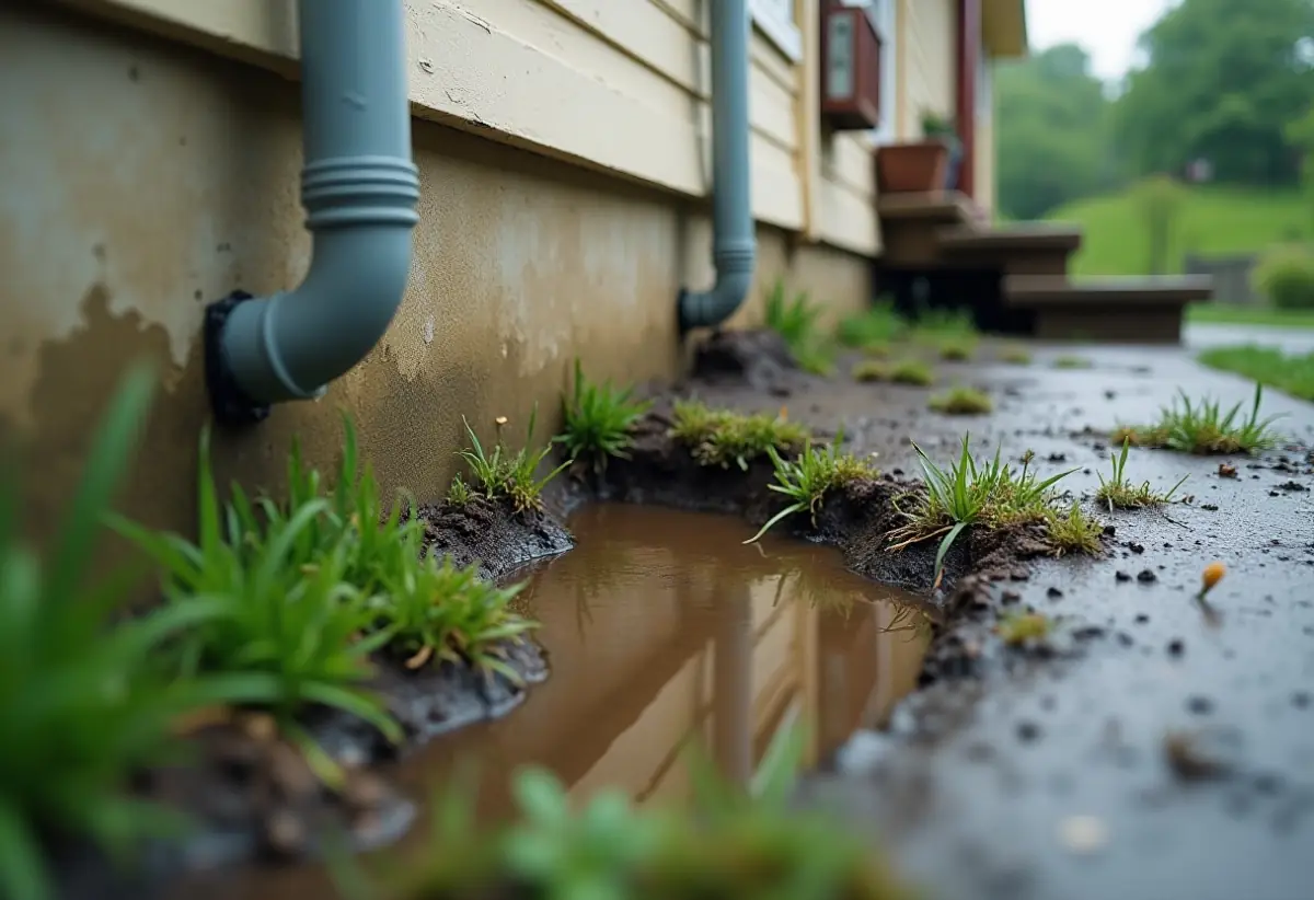 Standing water pooling in a yard near a house foundation after rainfall