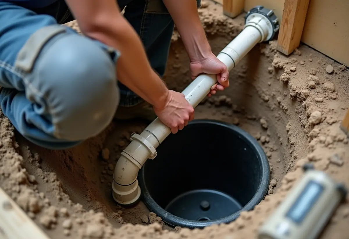 Plumber installing perforated drain pipe in a basement floor trench near a sump pit
