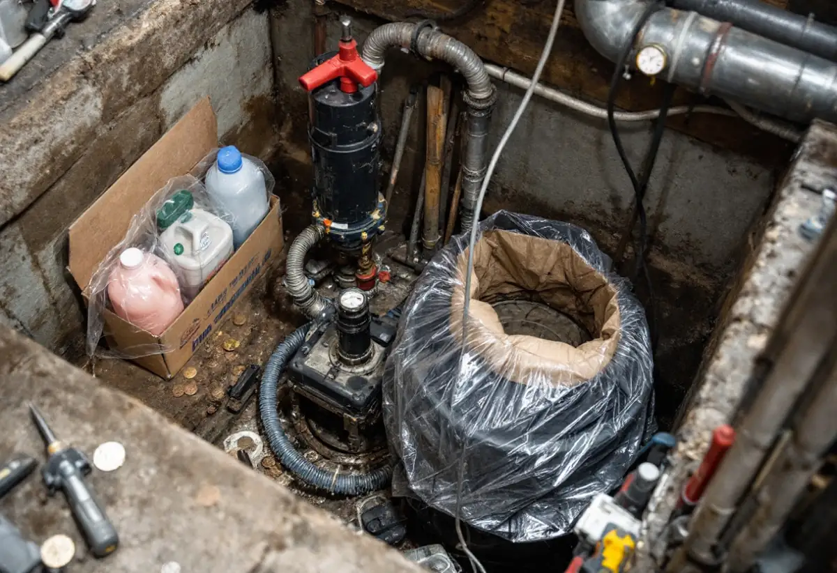 Old submersible sump pump removed from pit next to a new replacement pump