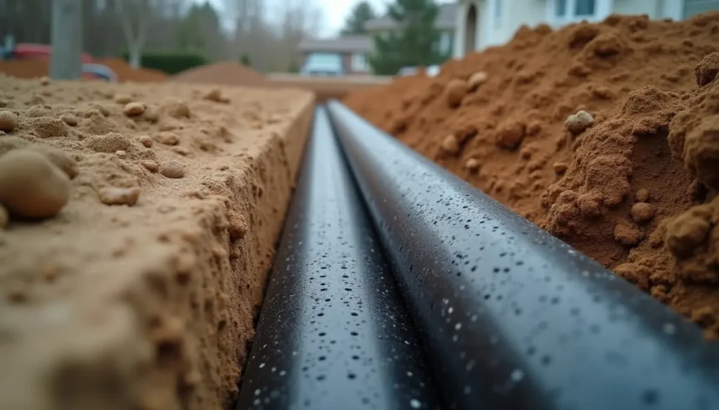 A gravel-filled trench with perforated black drain pipe running along a house foundation in a backyard, freshly dug soil
