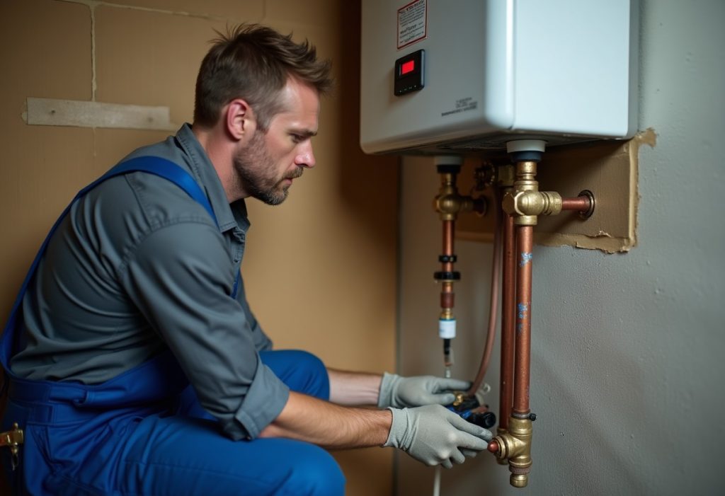 Plumber inspecting mineral buildup on tankless water heater service valve