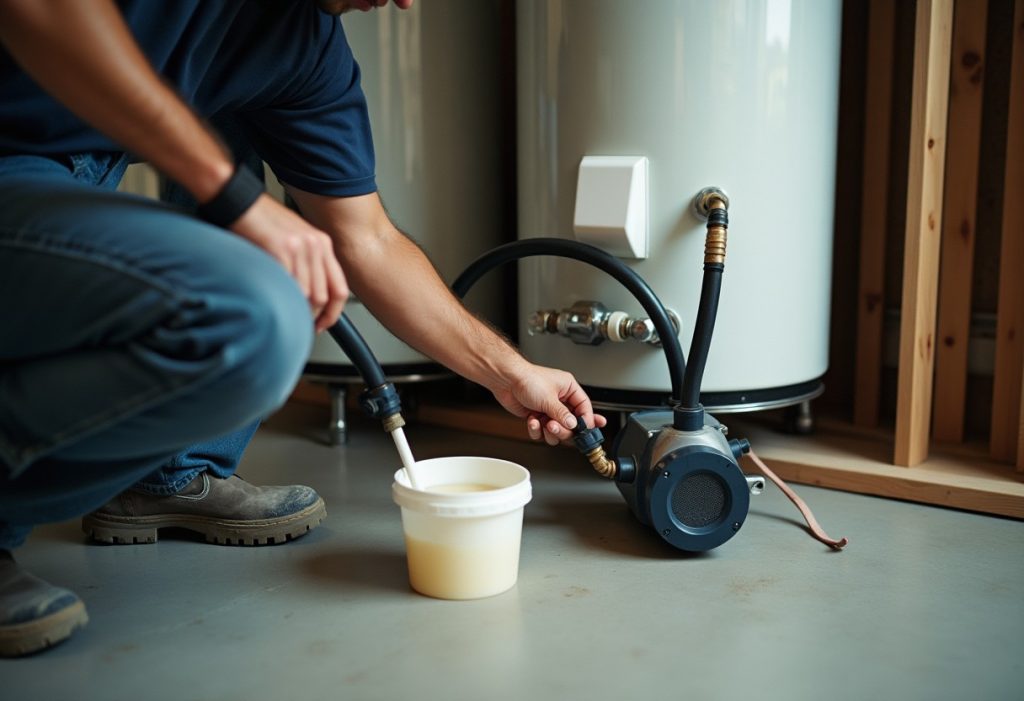 Plumber attaching pump hoses to tankless water heater purge valves