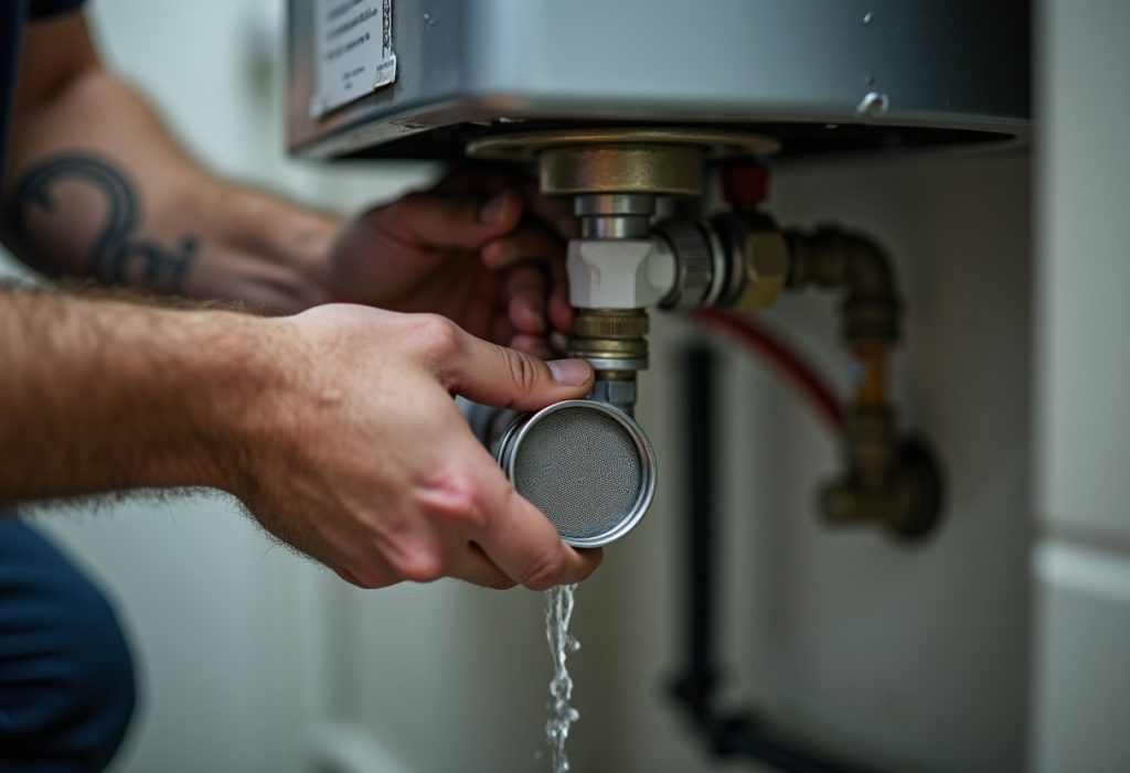 Hands rinsing a tankless water heater inlet filter under running water