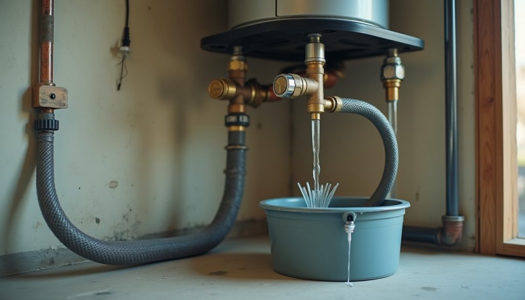 Two braided hoses connected to the service valves under a wall-mounted tankless water heater, running down to a small su