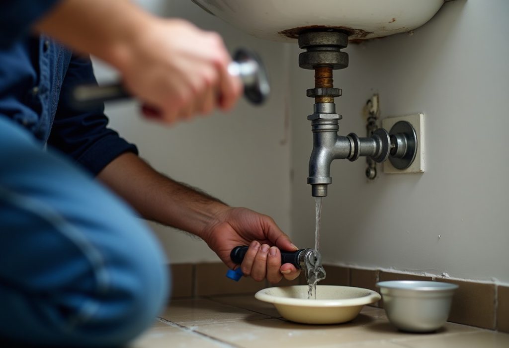 Plumber checking a shutoff valve under a sink while water trickles from a faucet above.