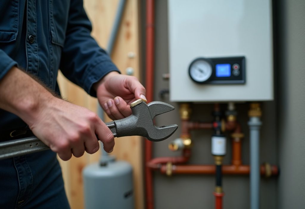 Technician adjusting a gas line fitting next to a wall-mounted tankless water heater.