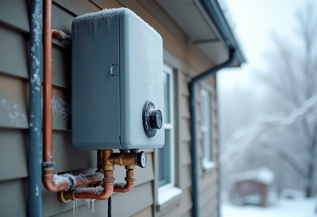 Frost and icicles covering an outdoor tankless water heater and its piping.