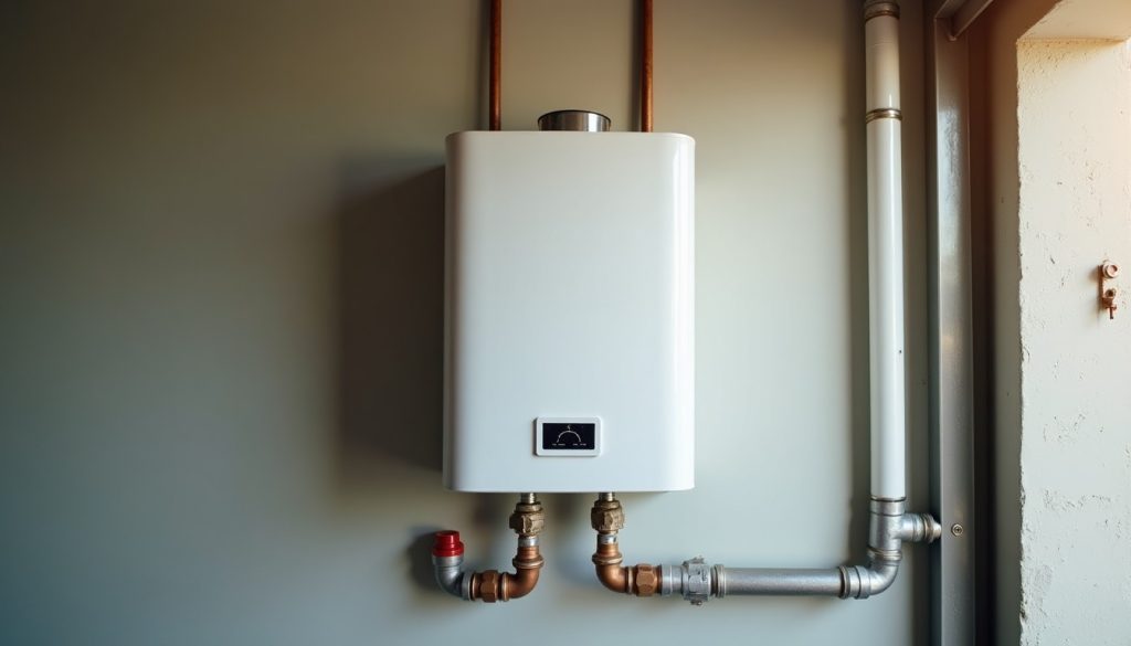 A white wall-mounted tankless water heater in a garage with its isolation valves and copper and gas lines below it, soft