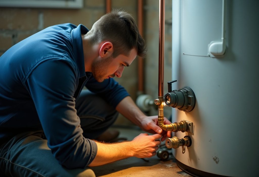 Plumber inspecting pressure reducing valve on copper water line near water heater