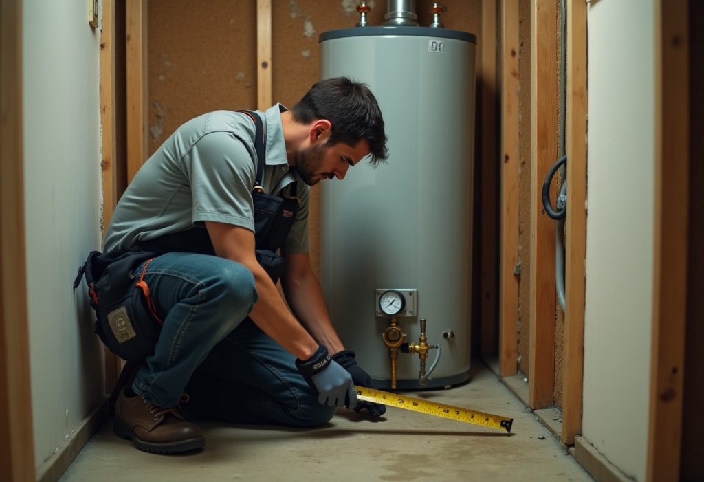 Plumber measuring water heater tank size next to a pressure gauge on hose bib