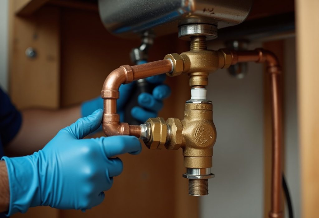 Plumber installing a brass thermostatic mixing valve on copper hot and cold water lines.