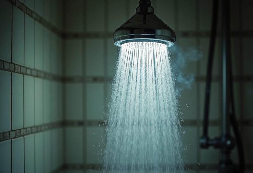 Steam and water spray from a showerhead running hot water in a tiled shower.