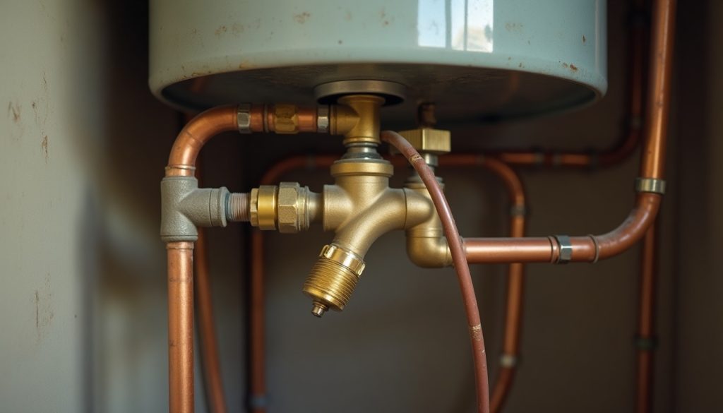 A brass thermostatic mixing valve installed on copper hot and cold lines near the top of a water heater