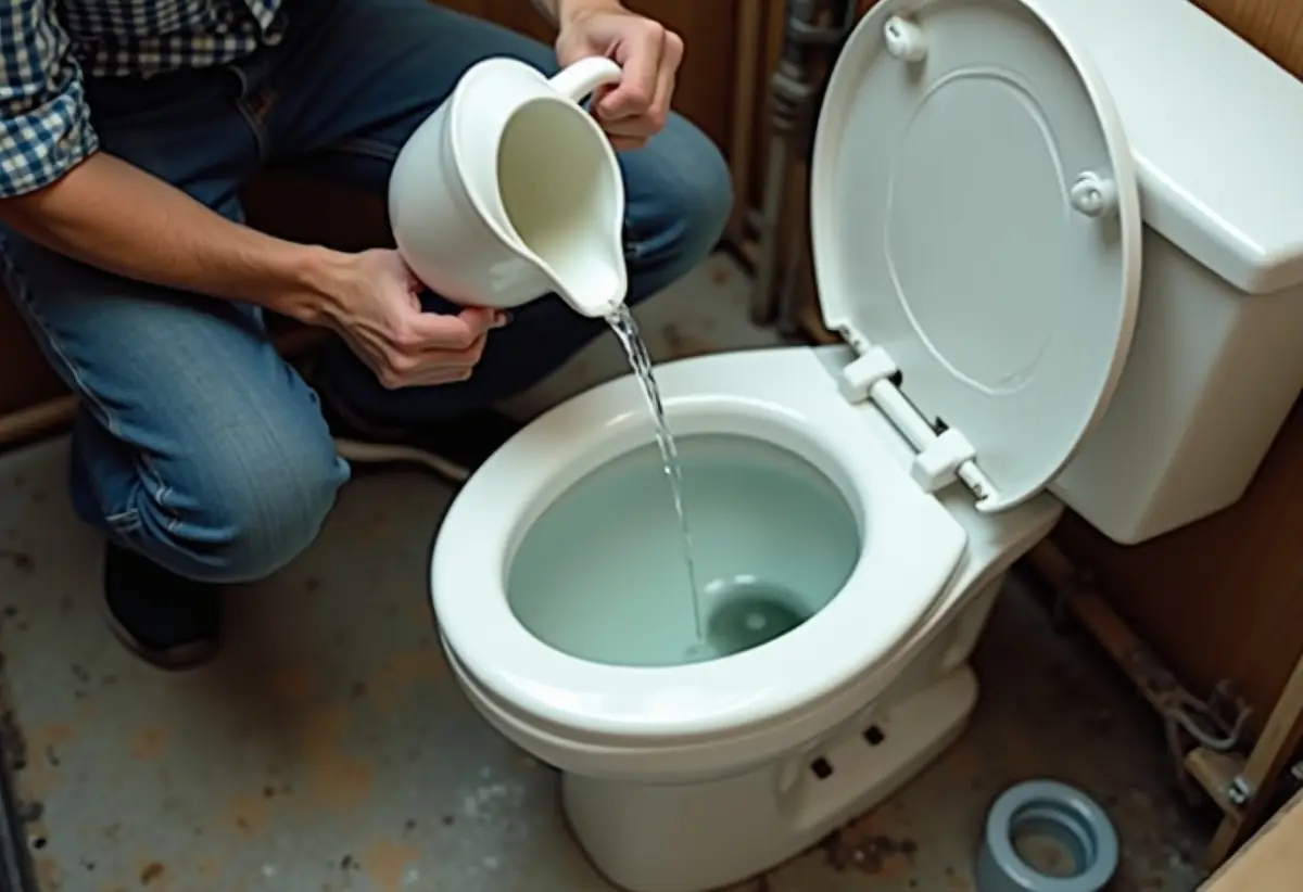 Pitcher pouring water into a toilet bowl with the tank lid removed nearby