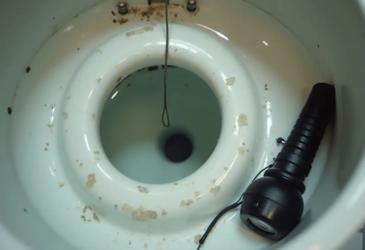 String hanging over the edge of a toilet trapway with a flashlight on the floor