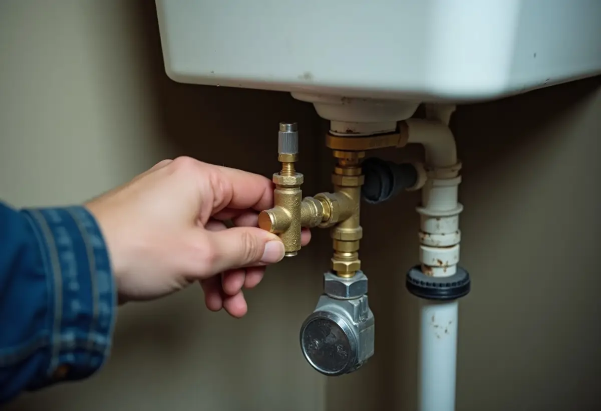Hand turning a toilet shut-off valve beneath an open tank