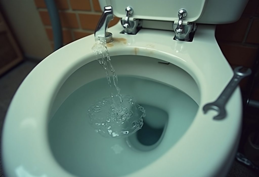 Water trickling into the overflow tube inside an open toilet tank