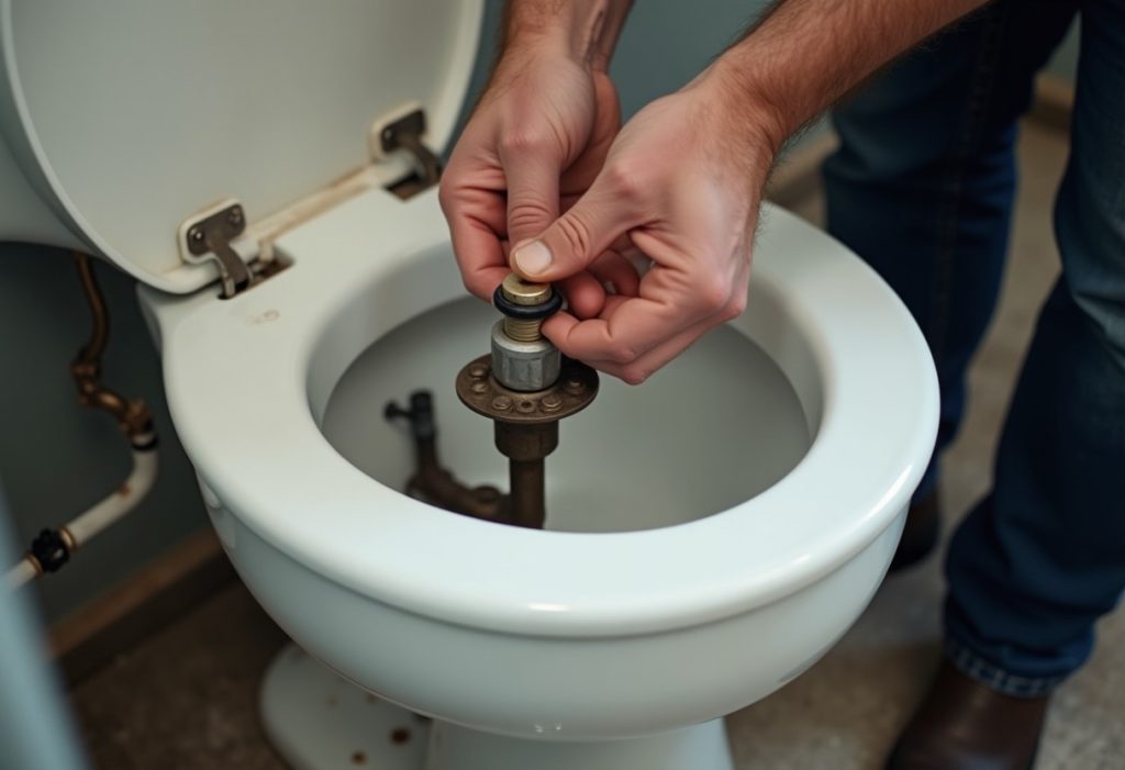 Hands adjusting a float cup fill valve inside an open toilet tank