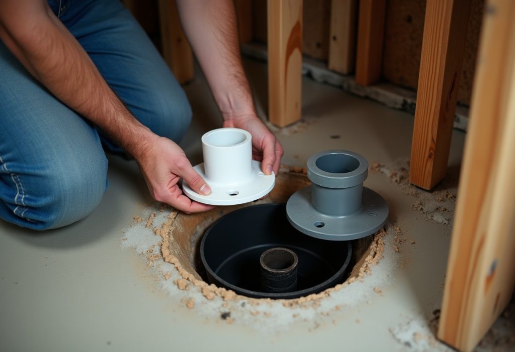 Plumber comparing a PVC toilet flange and a cast iron flange above an open drain pipe