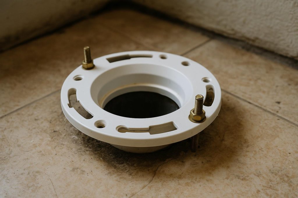 A white PVC toilet closet flange bolted to the floor