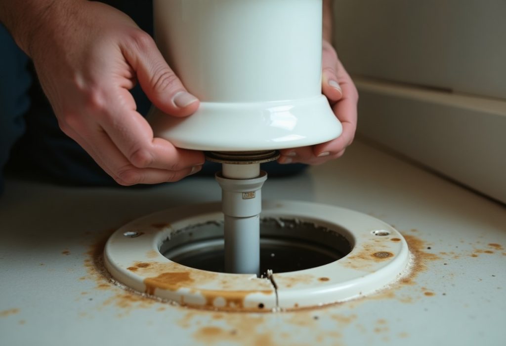 Cracked toilet flange with broken bolt slot exposed after toilet removal