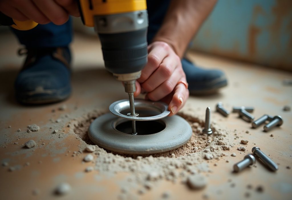 Hands installing a metal repair ring over an old toilet flange with a drill