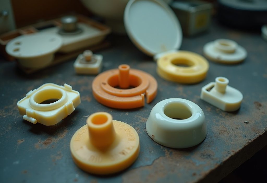 Several toilet flappers of different shapes and sizes laid on a workbench