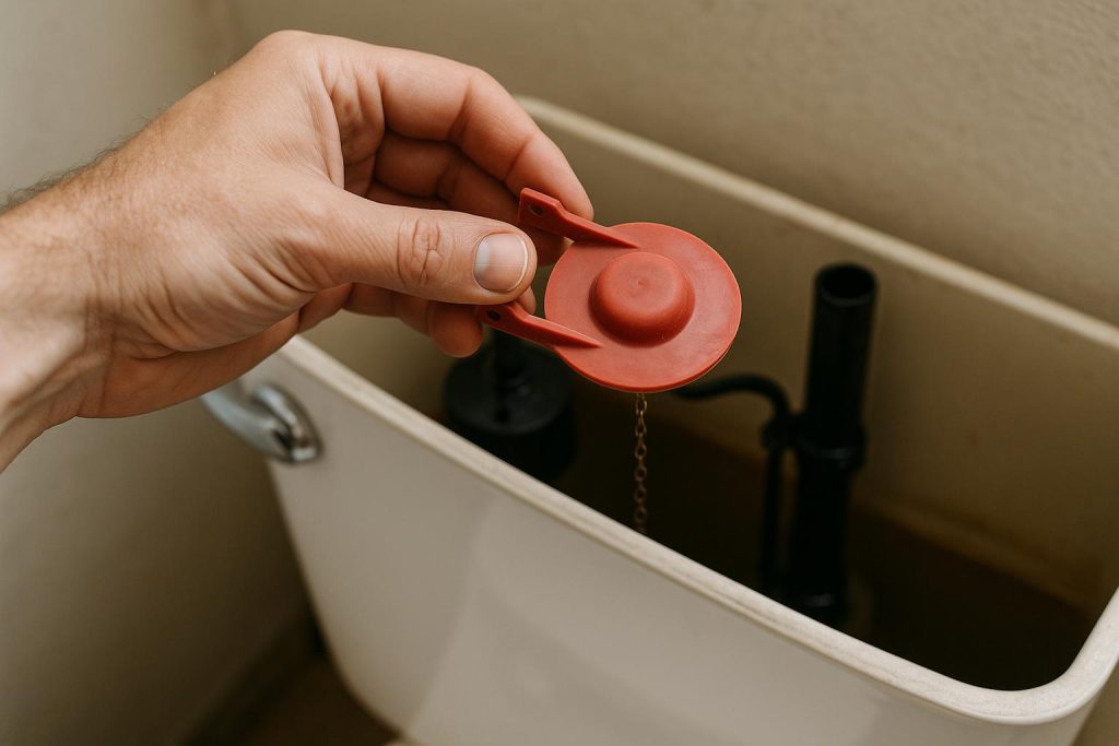 A rubber toilet flapper held above an open toilet tank