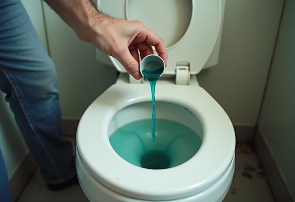 Hand adding food coloring dye into an open toilet tank
