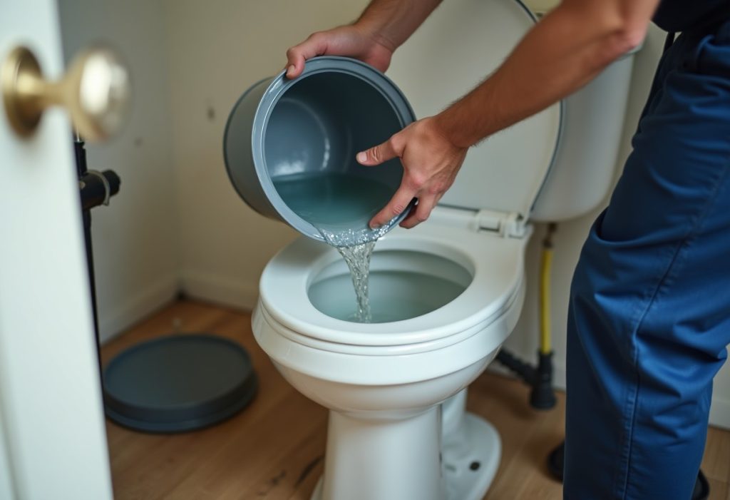 Plumber pouring bucket of water into toilet bowl during flush test