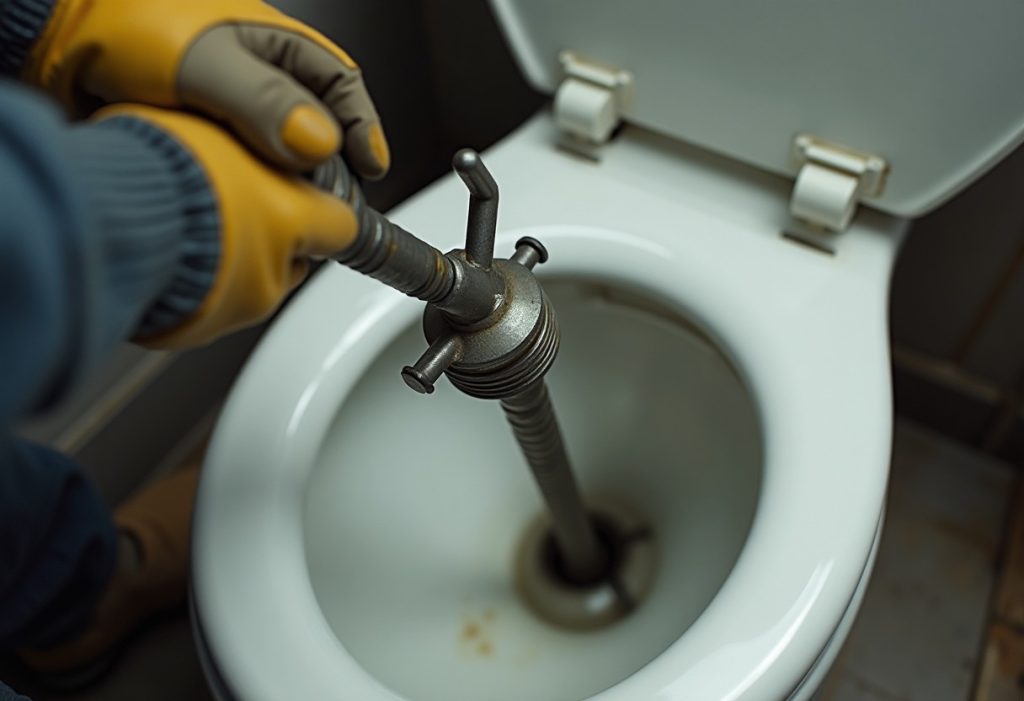 Gloved hand turning closet auger crank while cable enters toilet trapway