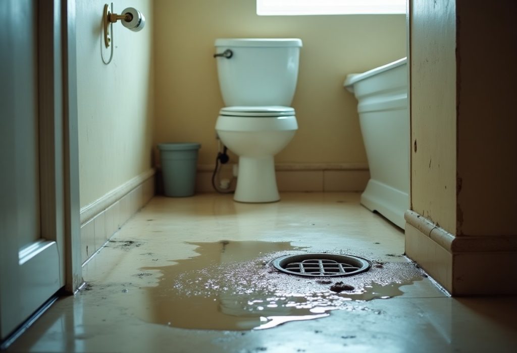 Water pooling around bathroom floor drain near tub and toilet