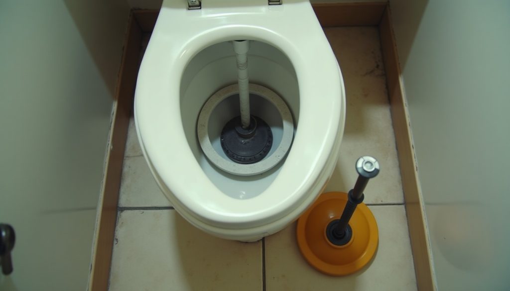 A closet auger fed into a white toilet bowl in a small bathroom, with a flange plunger set on the tile floor
